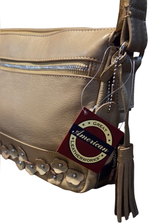 Great American Leatherworks Handbags - Great American Leather - NEW Shimmery Beige Leather Crossbody Bag Floral Studded